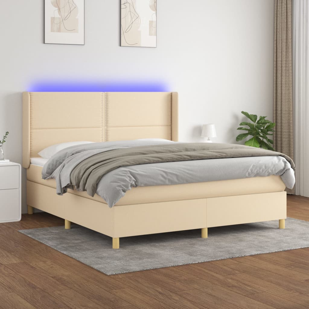 Κρεβάτι Boxspring με Στρώμα & LED Κρεμ 160x200 εκ. Υφασμάτινο