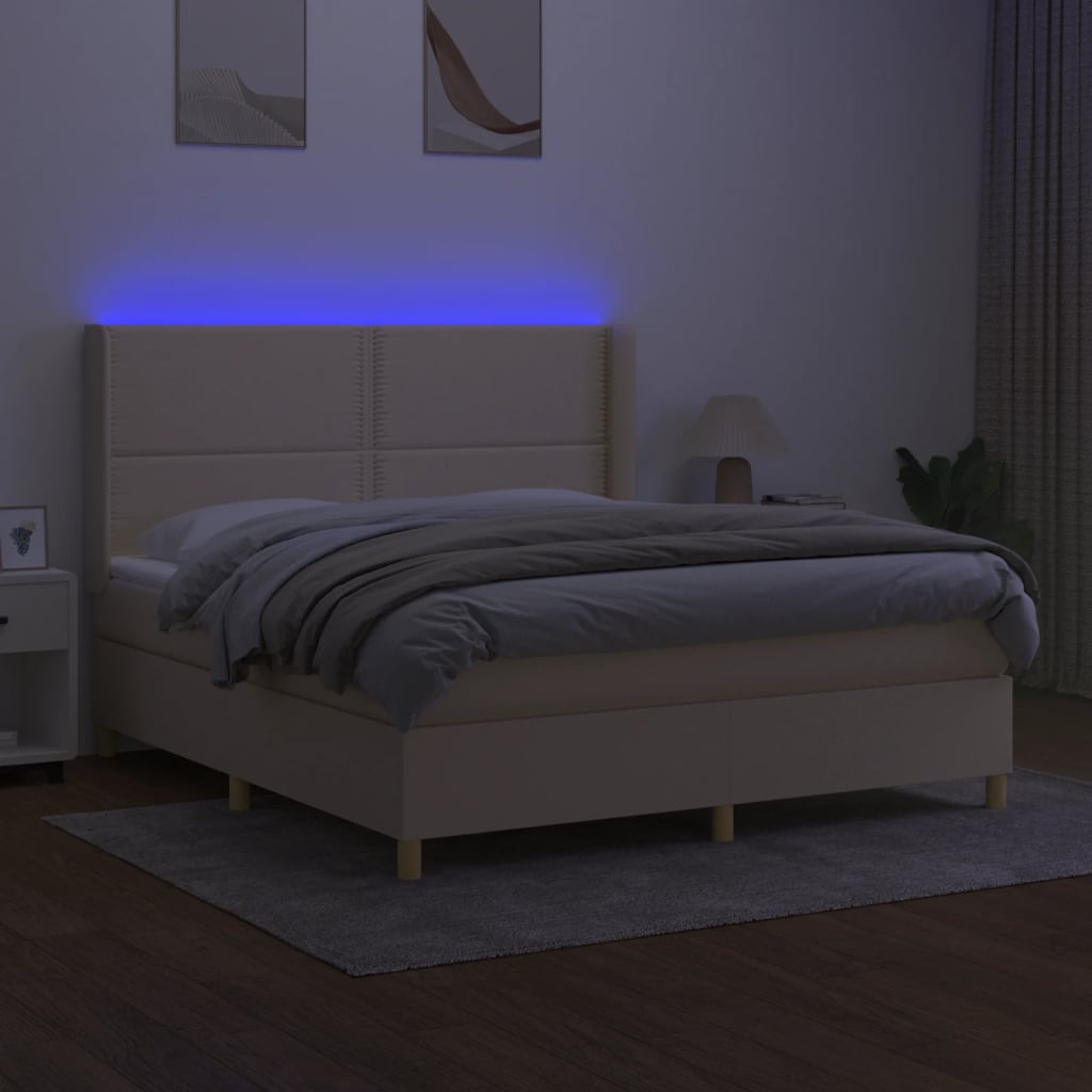 Κρεβάτι Boxspring με Στρώμα & LED Κρεμ 180x200 εκ. Υφασμάτινο