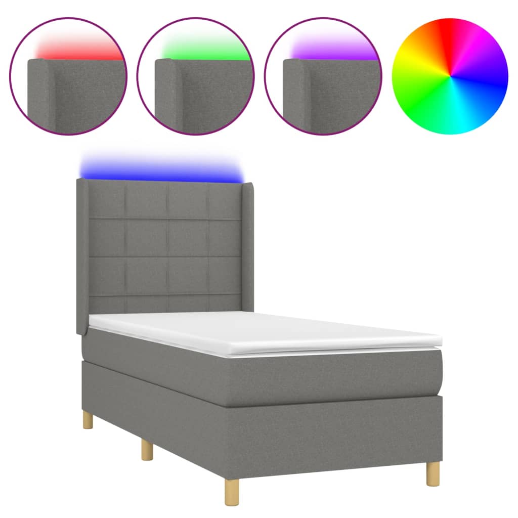 Κρεβάτι Boxspring με Στρώμα & LED Σκ.Γκρι 90x190 εκ. Υφασμάτινο