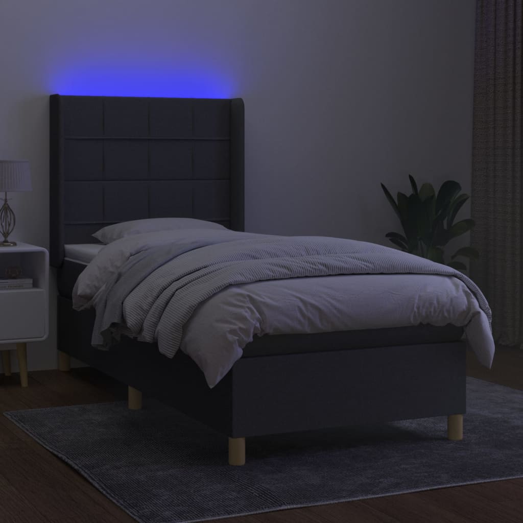 Κρεβάτι Boxspring με Στρώμα & LED Σκ.Γκρι 90x190 εκ. Υφασμάτινο