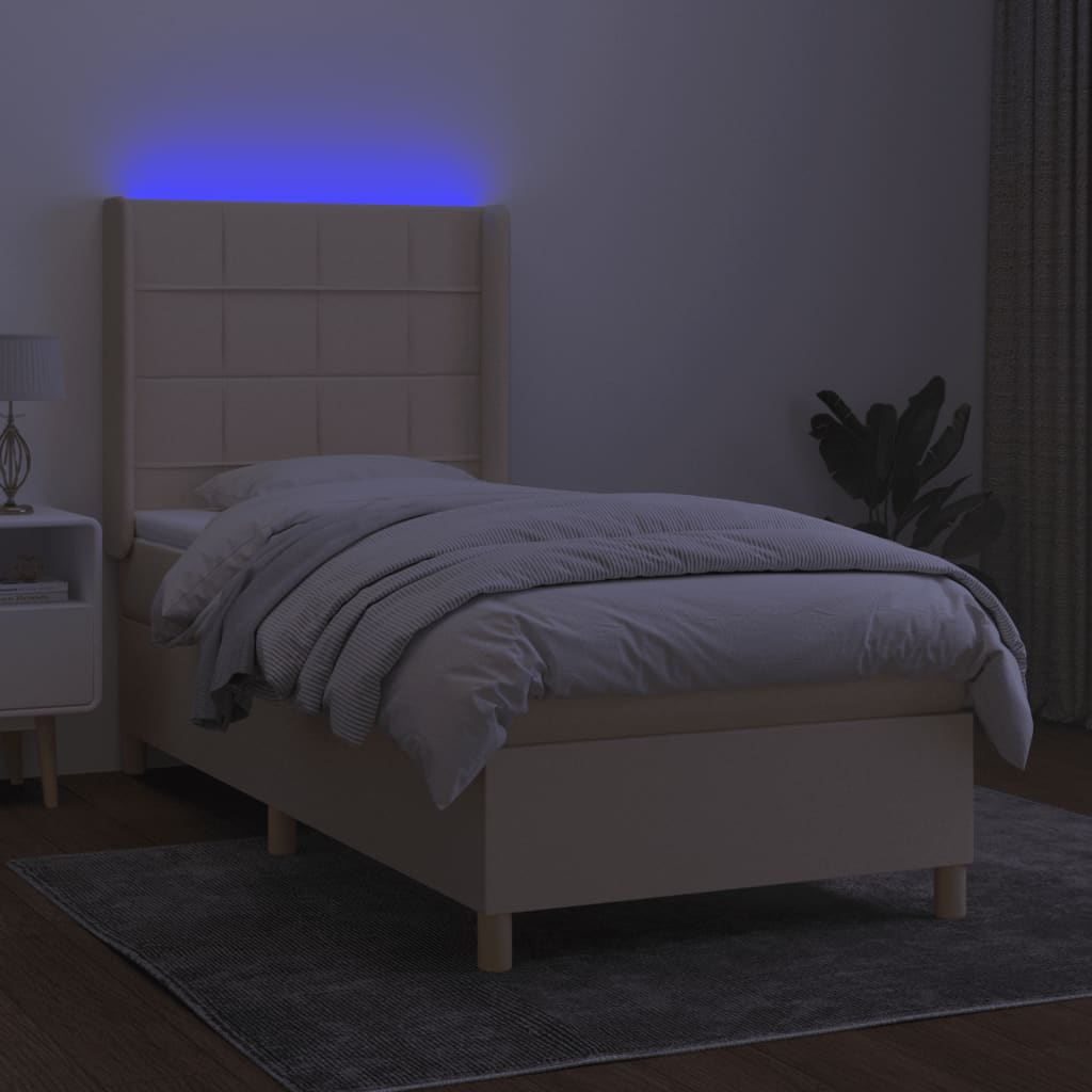 Κρεβάτι Boxspring με Στρώμα & LED Κρεμ 90x190 εκ. Υφασμάτινο