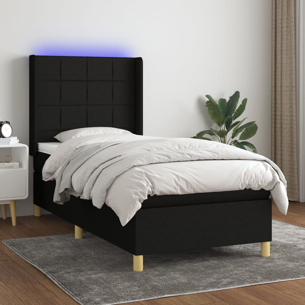 Κρεβάτι Boxspring με Στρώμα & LED Μαύρο 100x200 εκ. Υφασμάτινο