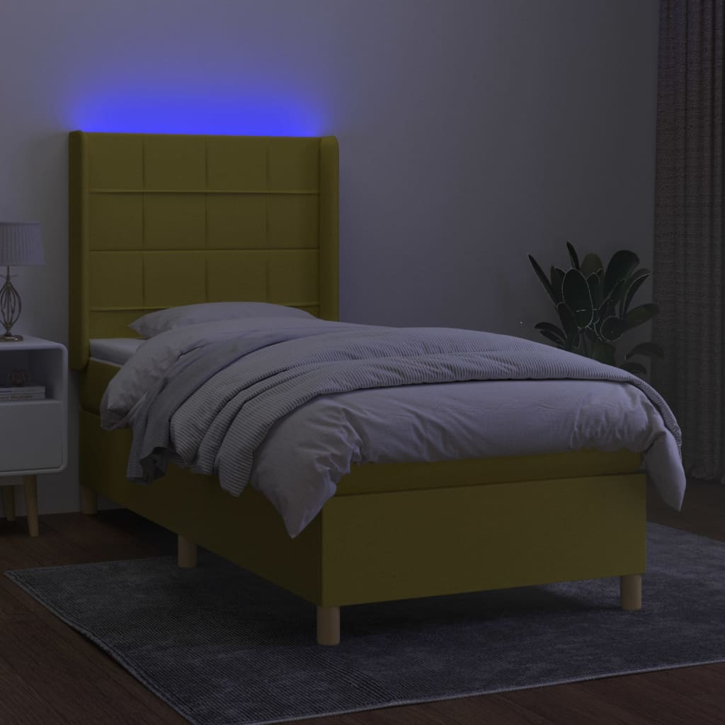 Κρεβάτι Boxspring με Στρώμα & LED Πράσινο 100x200 εκ Υφασμάτινο