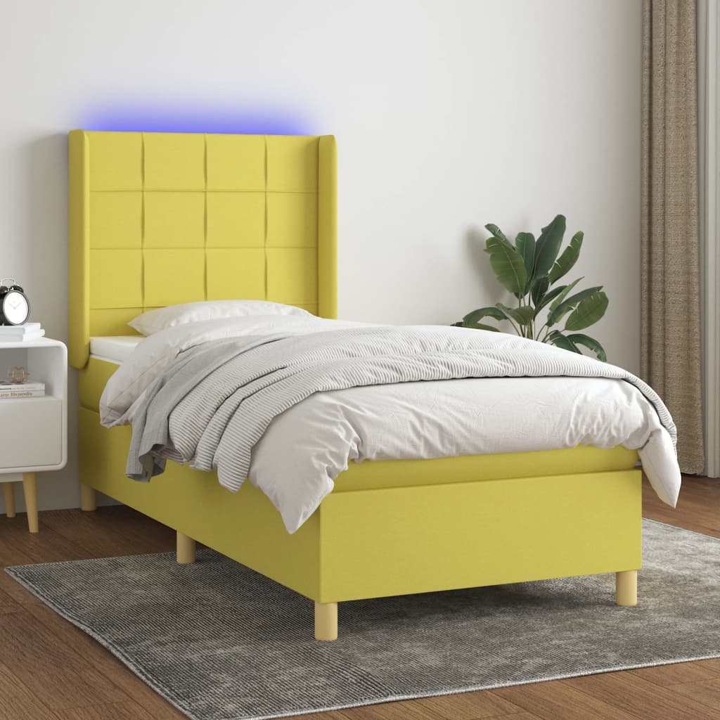 Κρεβάτι Boxspring με Στρώμα & LED Πράσινο 100x200 εκ Υφασμάτινο