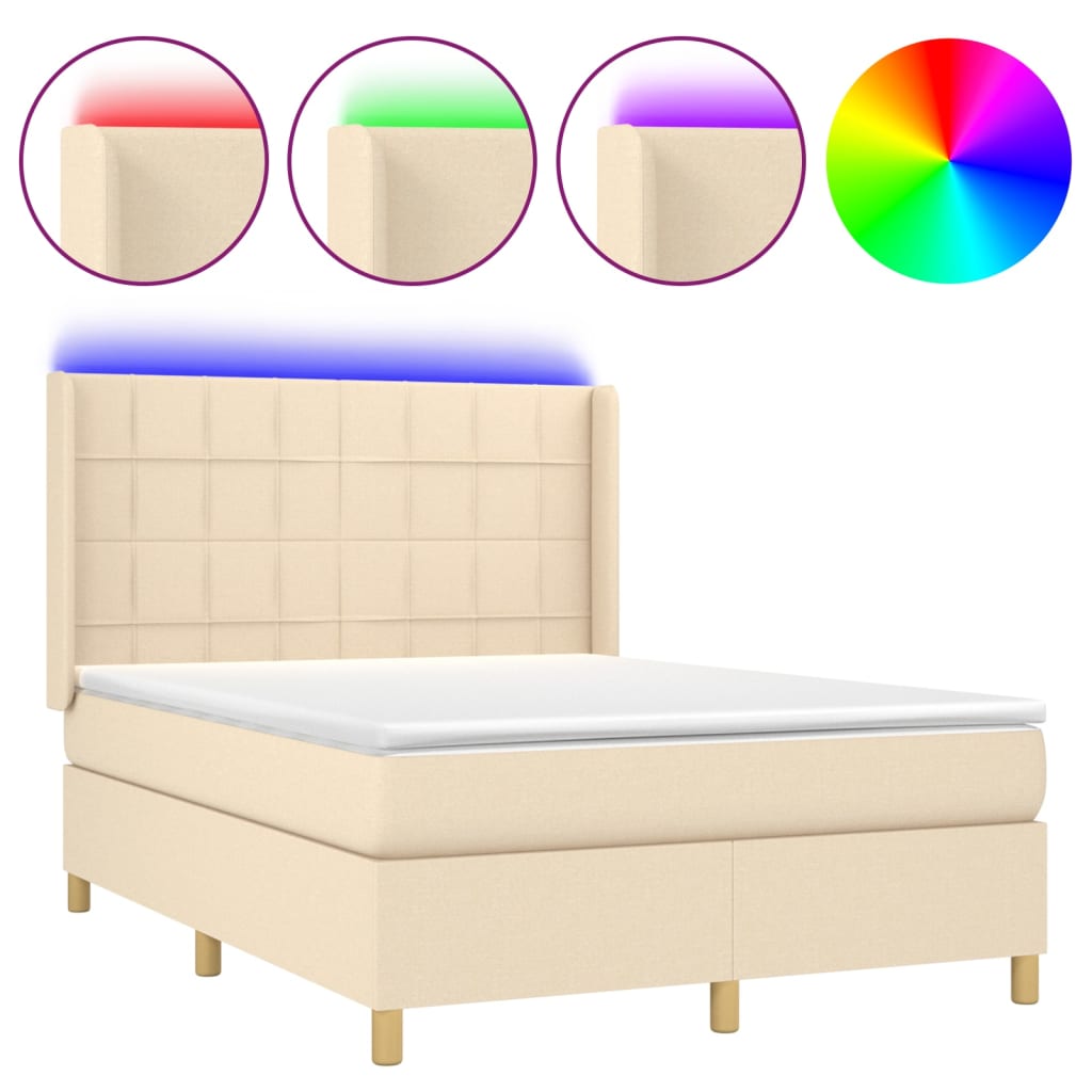 Κρεβάτι Boxspring με Στρώμα & LED Κρεμ 140x190 εκ. Υφασμάτινο - Pakobazaar