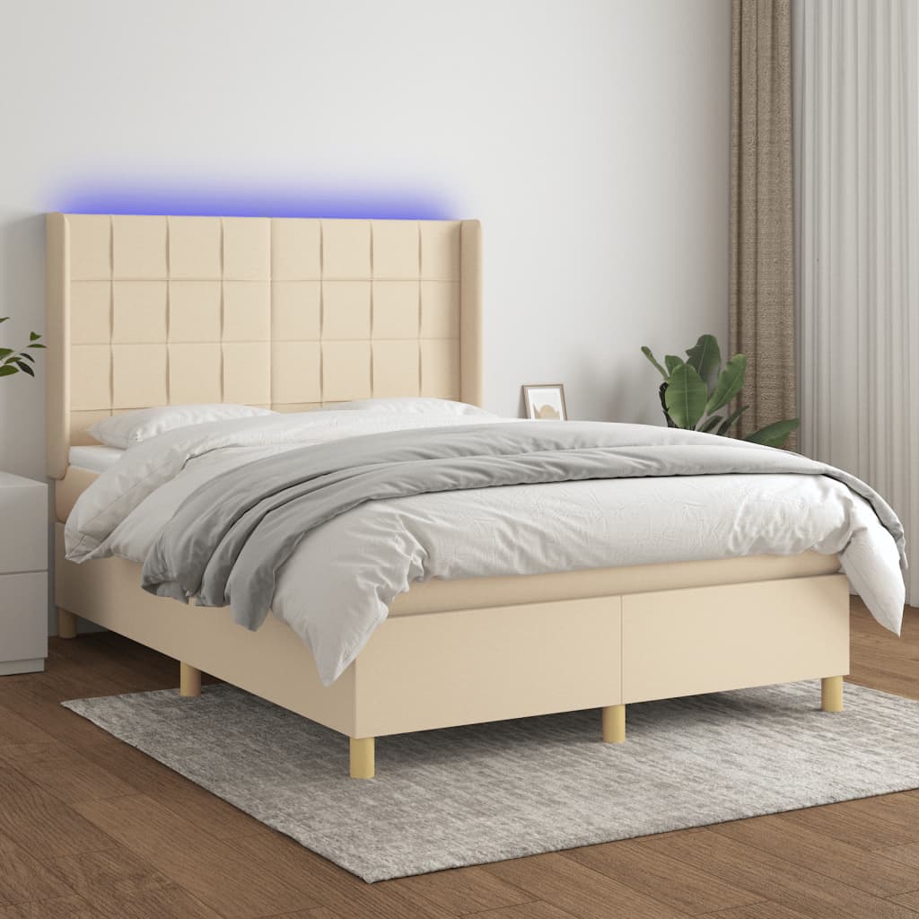 Κρεβάτι Boxspring με Στρώμα & LED Κρεμ 140x190 εκ. Υφασμάτινο - Pakobazaar