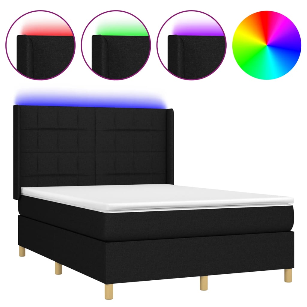 Κρεβάτι Boxspring με Στρώμα & LED Μαύρο 140x200 εκ. Υφασμάτινο