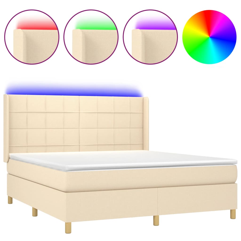 Κρεβάτι Boxspring με Στρώμα & LED Κρεμ 160x200 εκ. Υφασμάτινο