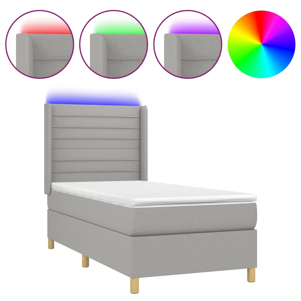 Κρεβάτι Boxspring με Στρώμα & LED Αν.Γκρι 90x190 εκ. Υφασμάτινο