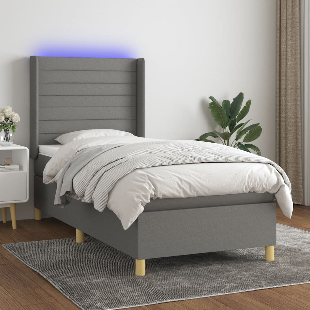 Κρεβάτι Boxspring με Στρώμα & LED Σκ.Γκρι 90x190 εκ. Υφασμάτινο - Pakobazaar