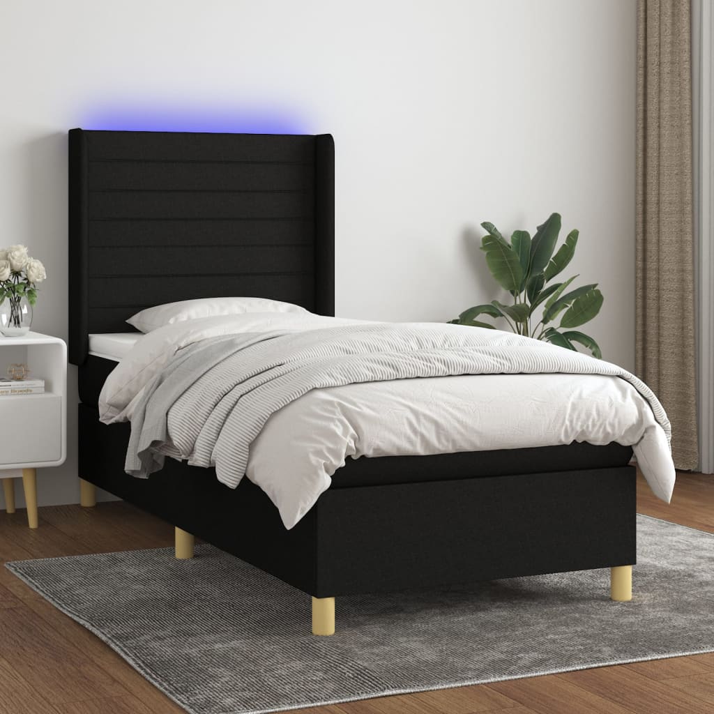 Κρεβάτι Boxspring με Στρώμα & LED Μαύρο 90x190 εκ. Υφασμάτινο