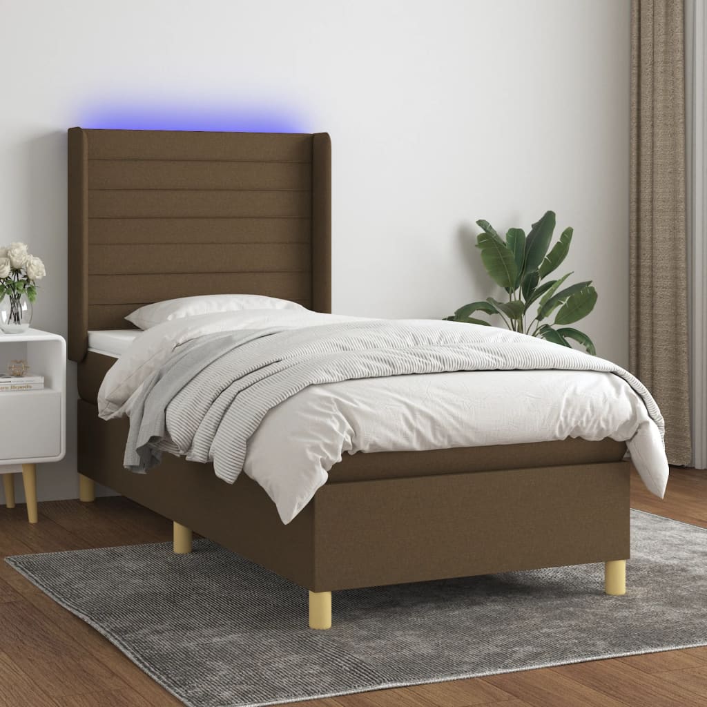 Κρεβάτι Boxspring με Στρώμα & LED Σκ.Καφέ 90x190 εκ. Υφασμάτινο