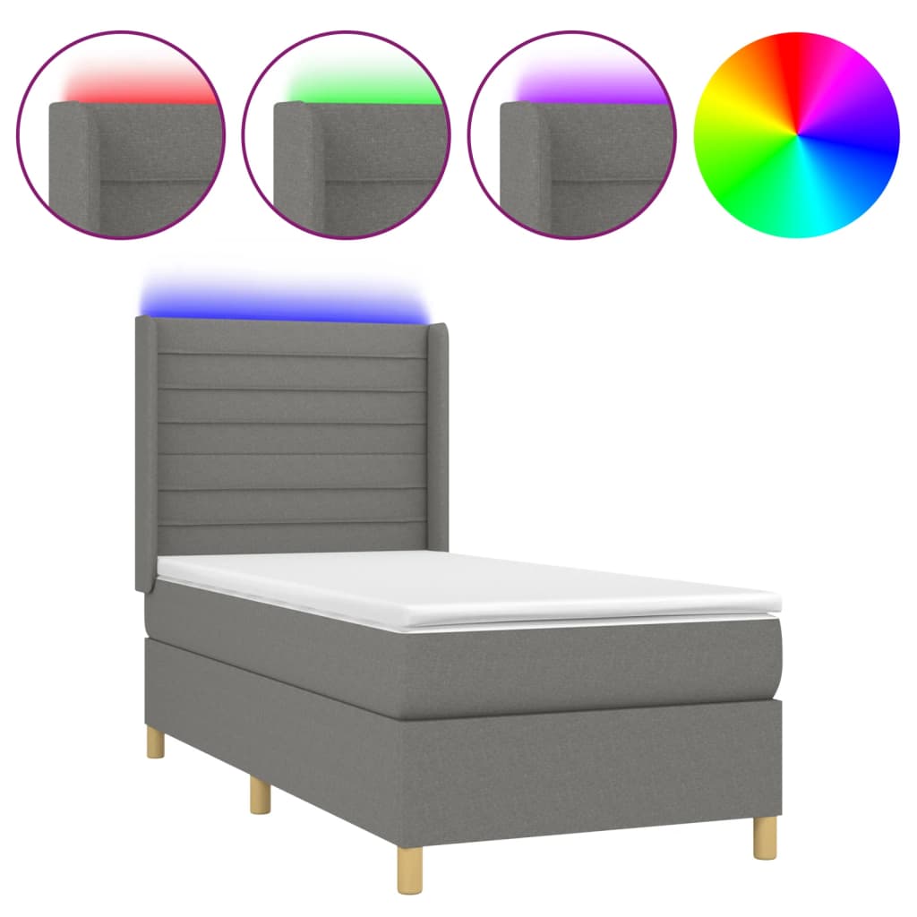Κρεβάτι Boxspring με Στρώμα & LED Σκ.Γκρι 90x200 εκ. Υφασμάτινο - Pakobazaar