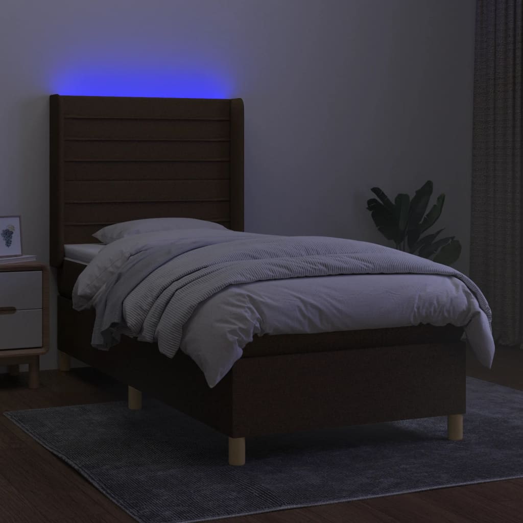 Κρεβάτι Boxspring με Στρώμα & LED Σκ.Καφέ 90x200 εκ. Υφασμάτινο
