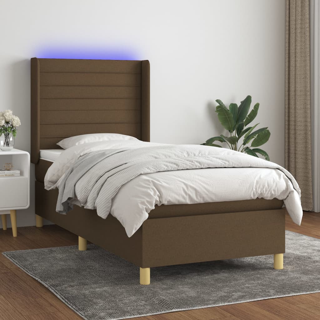 Κρεβάτι Boxspring με Στρώμα & LED Σκ.Καφέ 90x200 εκ. Υφασμάτινο