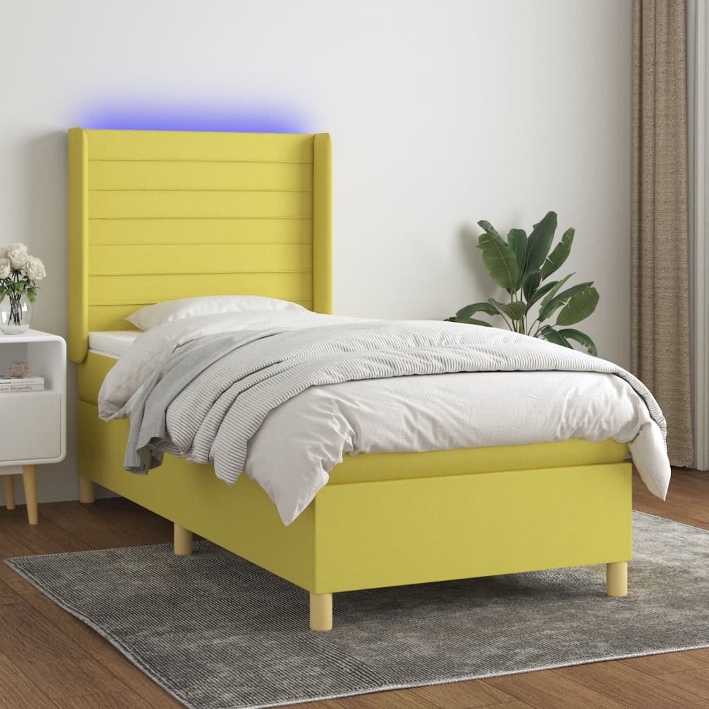 Κρεβάτι Boxspring με Στρώμα & LED Πράσινο 100x200 εκ Υφασμάτινο