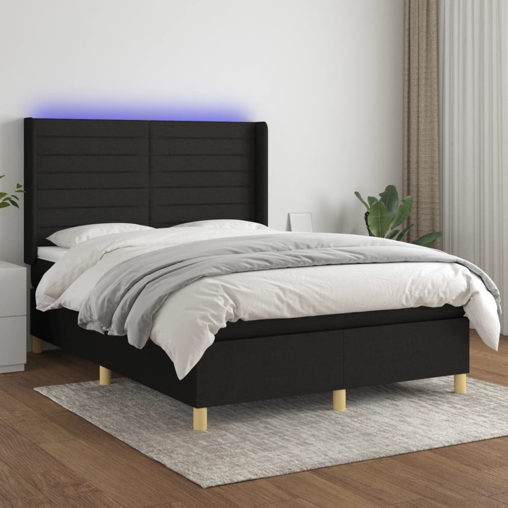 Κρεβάτι Boxspring με Στρώμα & LED Μαύρο 140x200 εκ. Υφασμάτινο