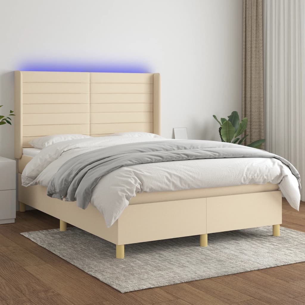 Κρεβάτι Boxspring με Στρώμα & LED Κρεμ 140x200 εκ. Υφασμάτινο
