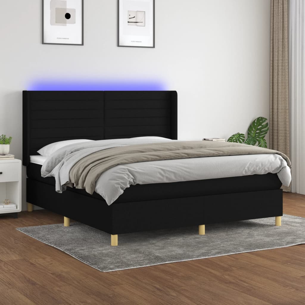Κρεβάτι Boxspring με Στρώμα & LED Μαύρο 160x200 εκ. Υφασμάτινο