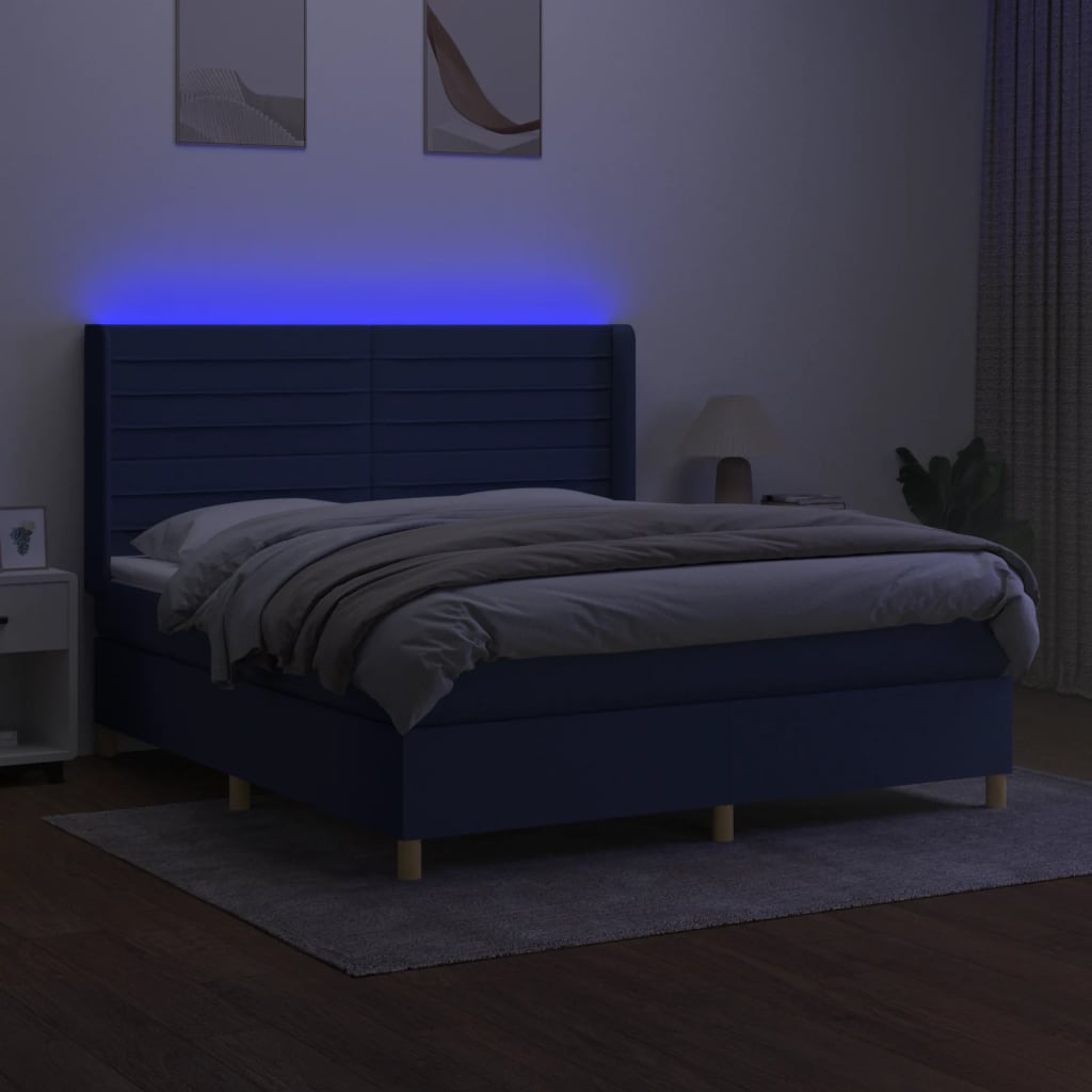 Κρεβάτι Boxspring με Στρώμα & LED Μπλε 160x200 εκ. Υφασμάτινο - Pakobazaar