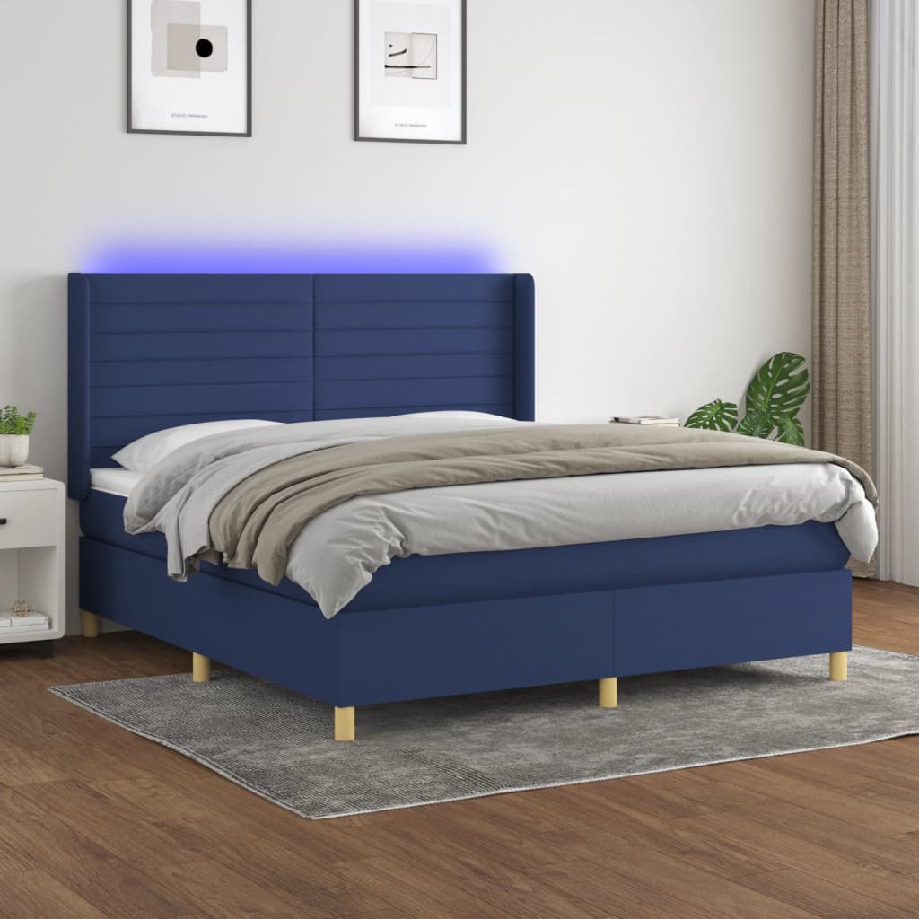 Κρεβάτι Boxspring με Στρώμα & LED Μπλε 160x200 εκ. Υφασμάτινο - Pakobazaar