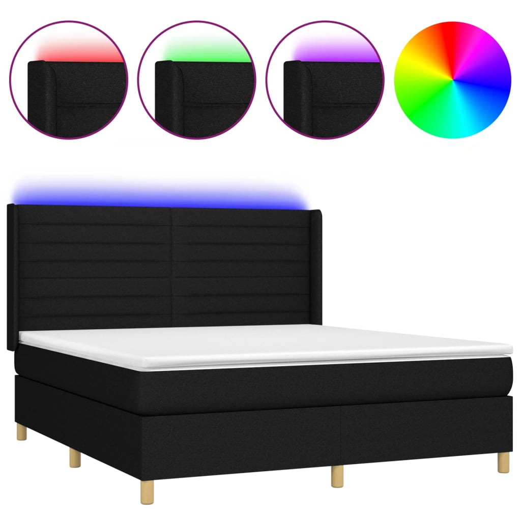 Κρεβάτι Boxspring με Στρώμα & LED Μαύρο 180x200 εκ. Υφασμάτινο
