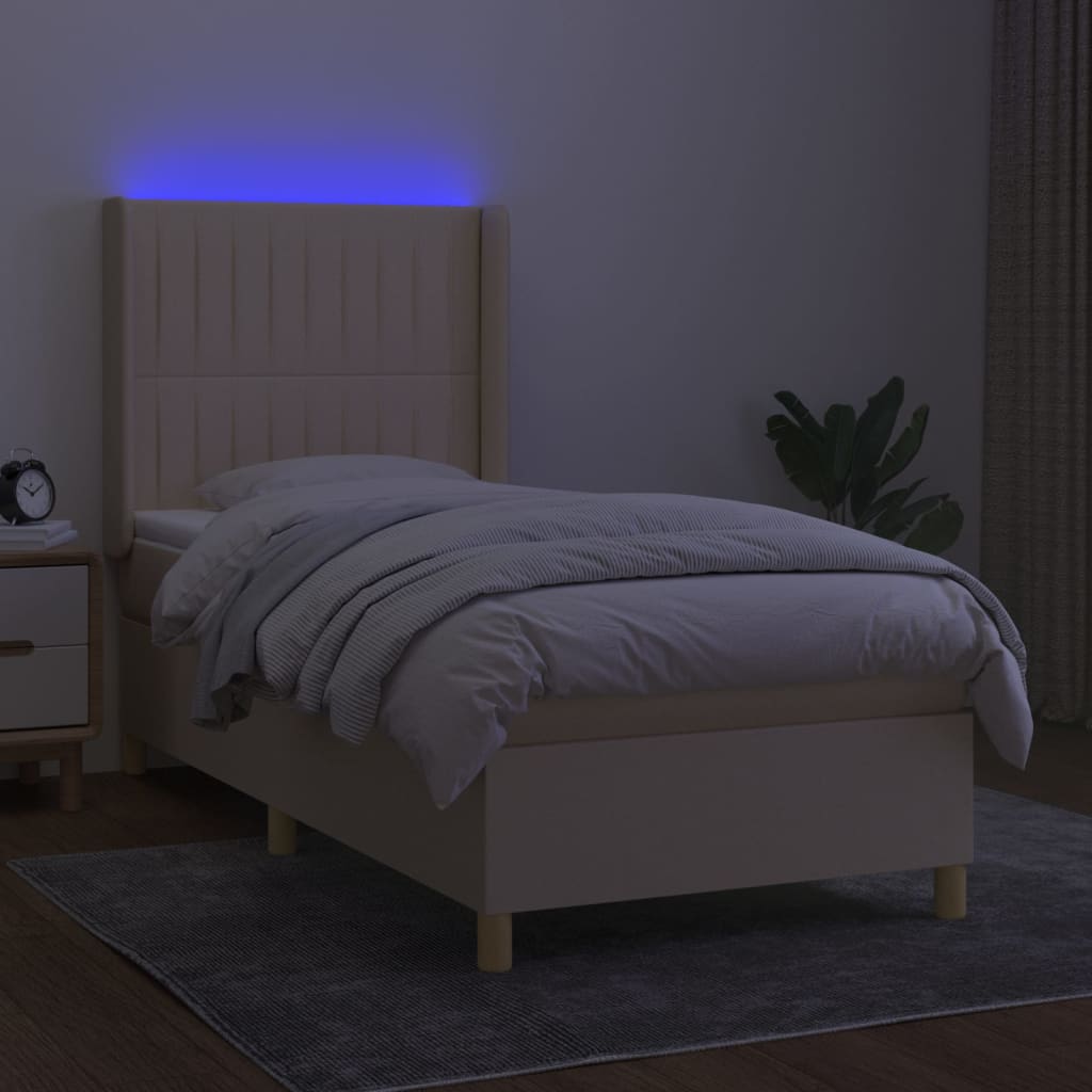 Κρεβάτι Boxspring με Στρώμα & LED Κρεμ 90x190 εκ. Υφασμάτινο