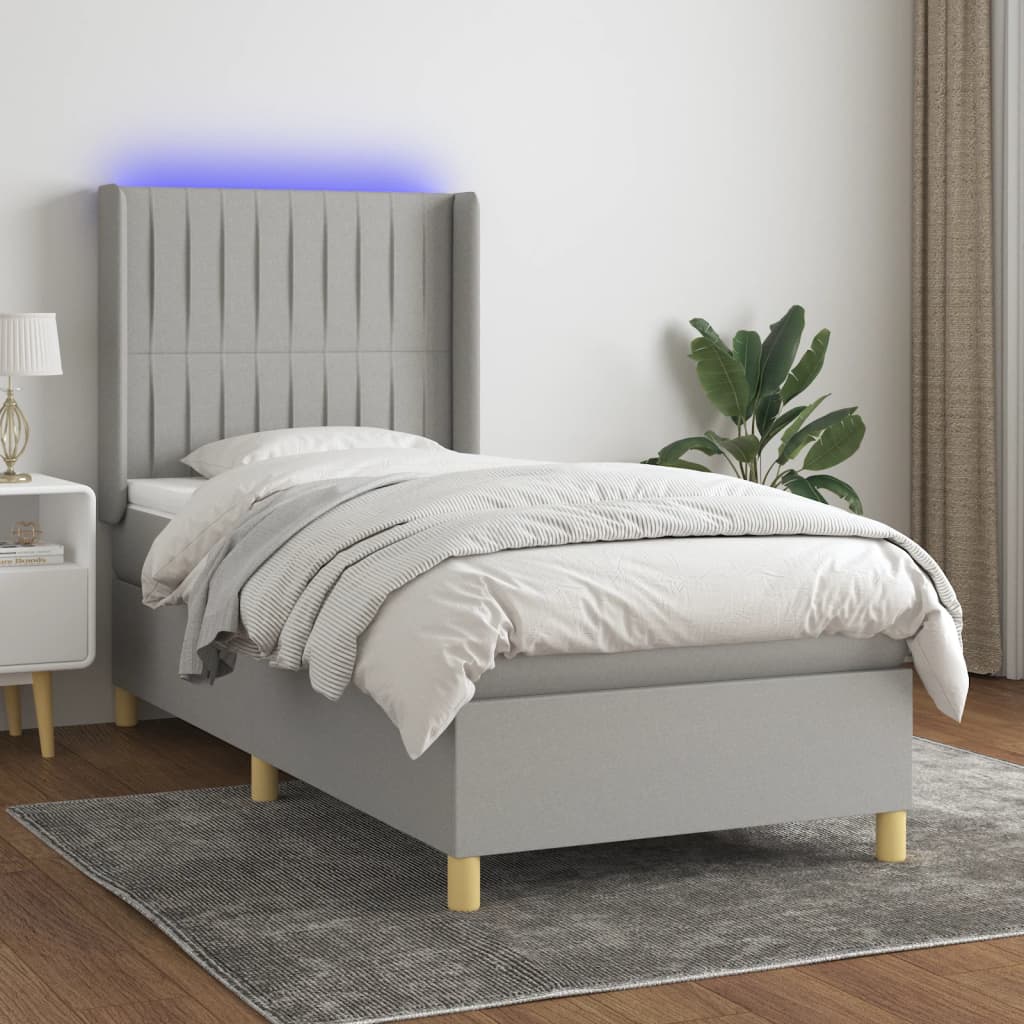 Κρεβάτι Boxspring με Στρώμα & LED Αν.Γκρι 90x200 εκ. Υφασμάτινο