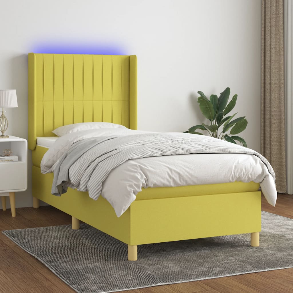 Κρεβάτι Boxspring με Στρώμα & LED Πράσινο 90x200 εκ. Υφασμάτινο - Pakobazaar