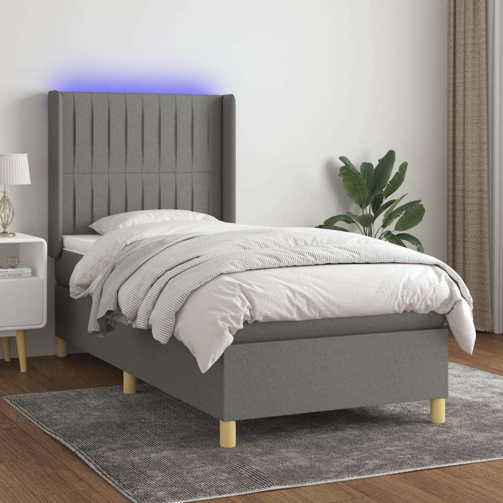 Κρεβάτι Boxspring με Στρώμα & LED Σκ.Γκρι 100x200 εκ Υφασμάτινο