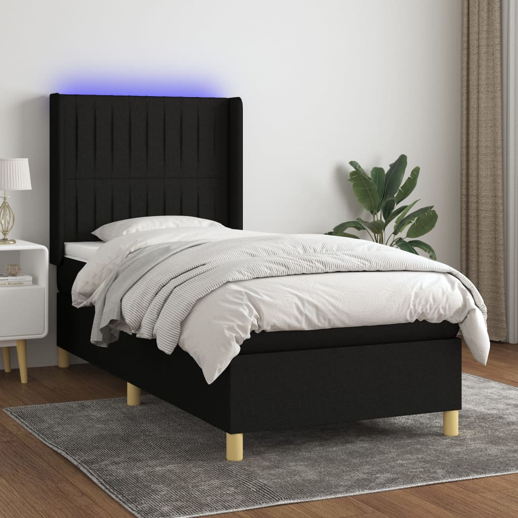 Κρεβάτι Boxspring με Στρώμα & LED Μαύρο 100x200 εκ. Υφασμάτινο
