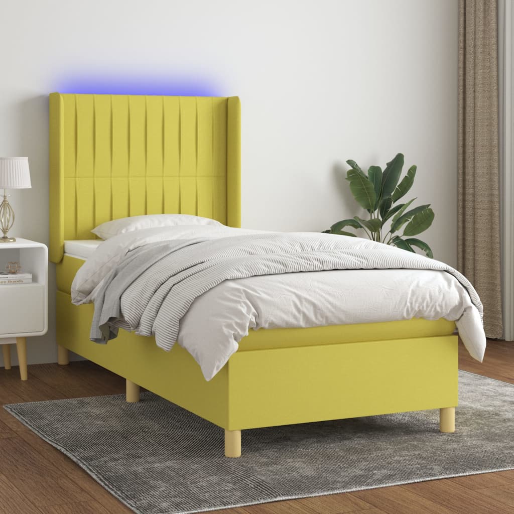 Κρεβάτι Boxspring με Στρώμα & LED Πράσινο 100x200 εκ Υφασμάτινο