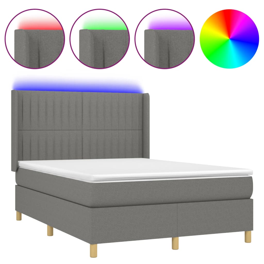 Κρεβάτι Boxspring με Στρώμα & LED Σκ.Γκρι 140x190εκ. Υφασμάτινο
