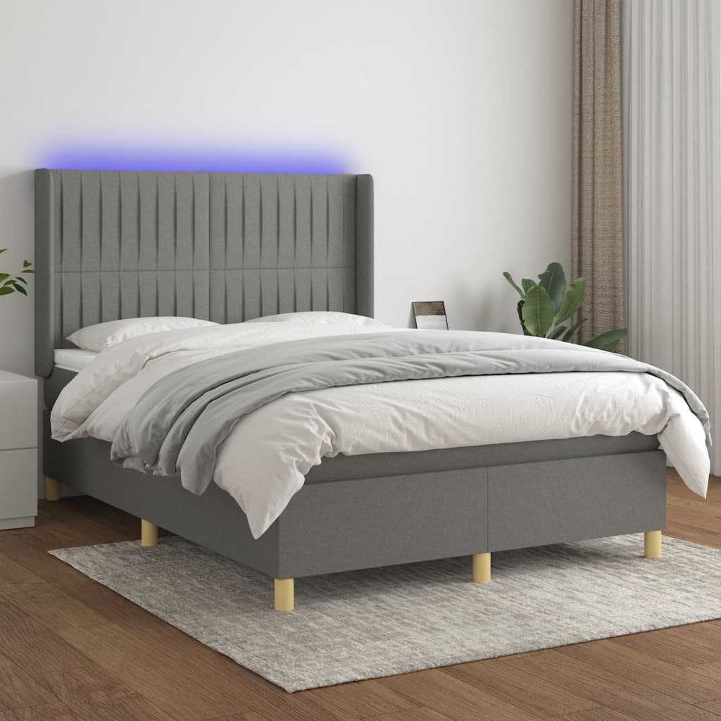 Κρεβάτι Boxspring με Στρώμα & LED Σκ.Γκρι 140x190εκ. Υφασμάτινο