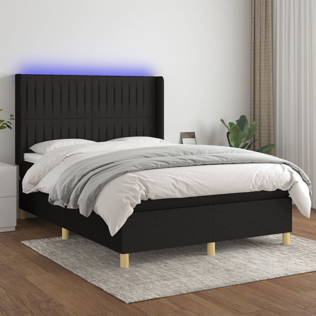 Κρεβάτι Boxspring με Στρώμα & LED Μαύρο 140x190 εκ. Υφασμάτινο
