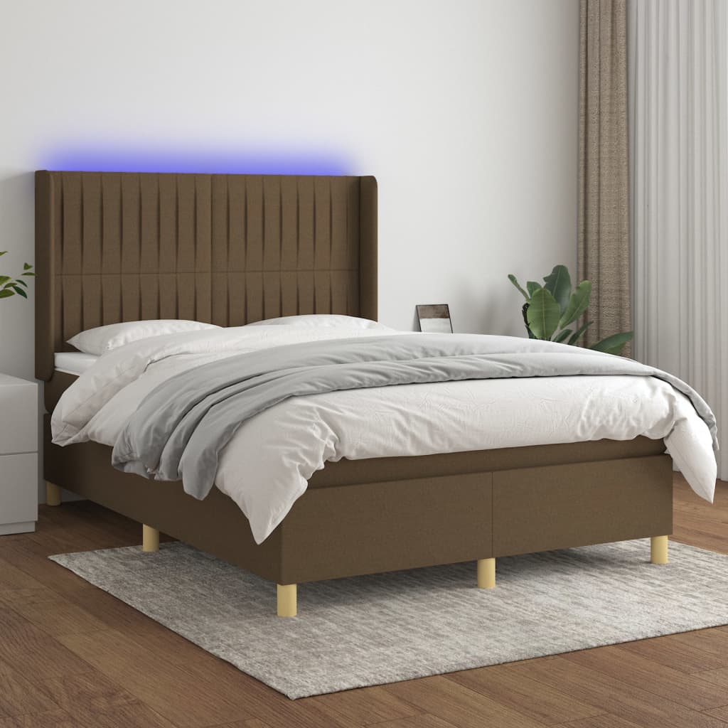 Κρεβάτι Boxspring με Στρώμα & LED Σκ.Καφέ 140x190εκ. Υφασμάτινο - Pakobazaar