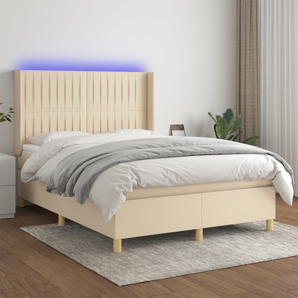 Κρεβάτι Boxspring με Στρώμα & LED Κρεμ 140x190 εκ. Υφασμάτινο - Pakobazaar
