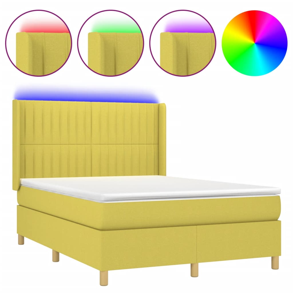Κρεβάτι Boxspring με Στρώμα & LED Πράσινο 140x190 εκ Υφασμάτινο