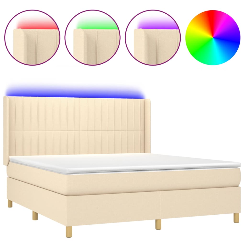 Κρεβάτι Boxspring με Στρώμα & LED Κρεμ 180x200 εκ. Υφασμάτινο