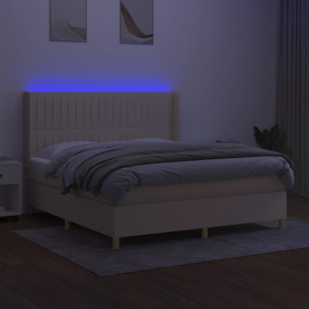 Κρεβάτι Boxspring με Στρώμα & LED Κρεμ 180x200 εκ. Υφασμάτινο