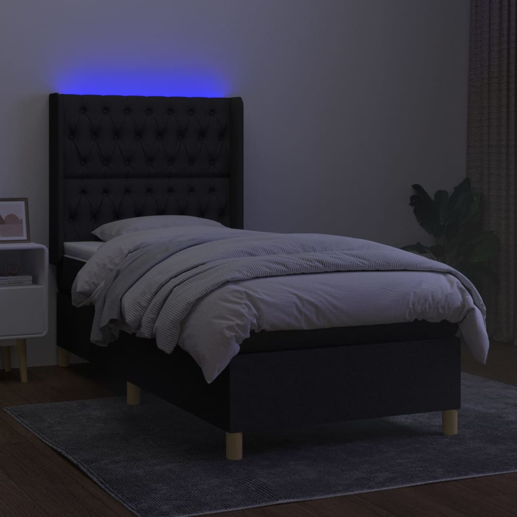 Κρεβάτι Boxspring με Στρώμα & LED Μαύρο 90x190 εκ. Υφασμάτινο