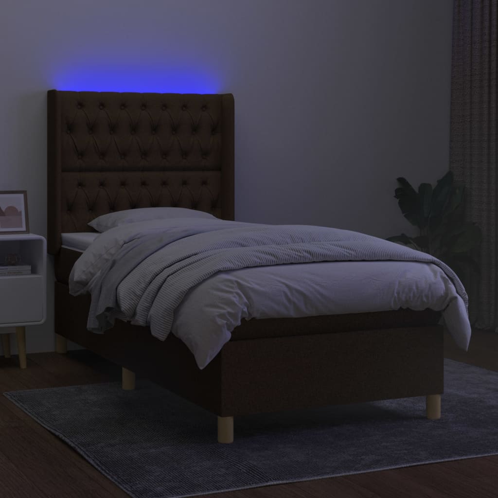 Κρεβάτι Boxspring με Στρώμα & LED Σκ.Καφέ 90x190 εκ. Υφασμάτινο