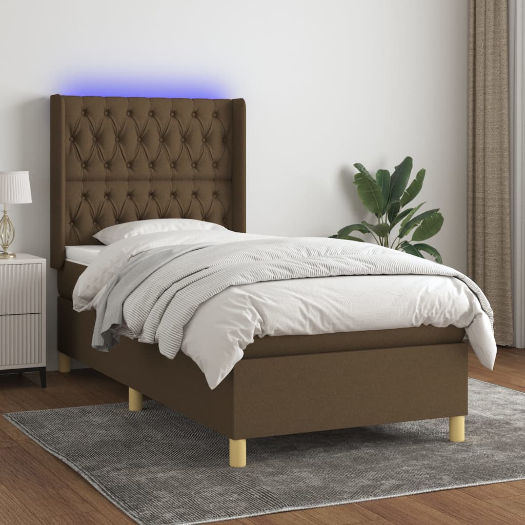 Κρεβάτι Boxspring με Στρώμα & LED Σκ.Καφέ 90x200 εκ. Υφασμάτινο