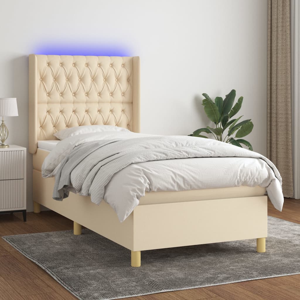 Κρεβάτι Boxspring με Στρώμα & LED Κρεμ 90x200 εκ. Υφασμάτινο