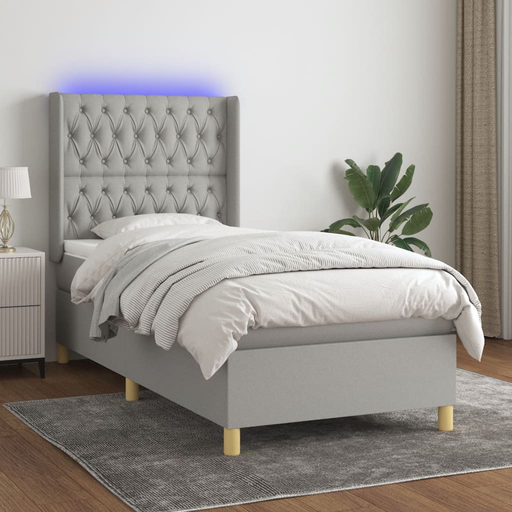 Κρεβάτι Boxspring με Στρώμα & LED Αν.Γκρι 100x200εκ. Υφασμάτινο
