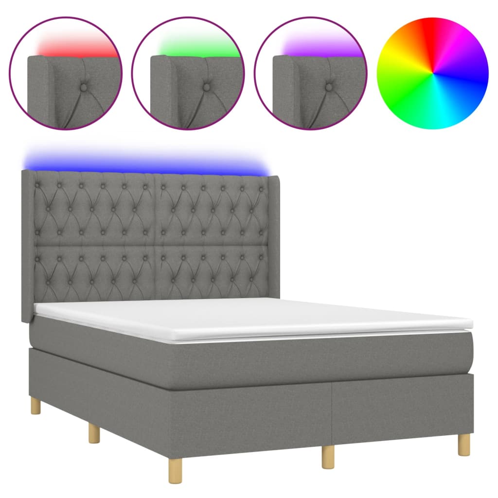Κρεβάτι Boxspring με Στρώμα & LED Σκ.Γκρι 140x190εκ. Υφασμάτινο