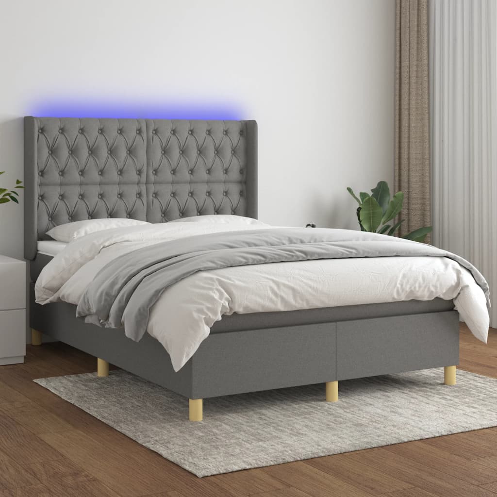Κρεβάτι Boxspring με Στρώμα & LED Σκ.Γκρι 140x190εκ. Υφασμάτινο