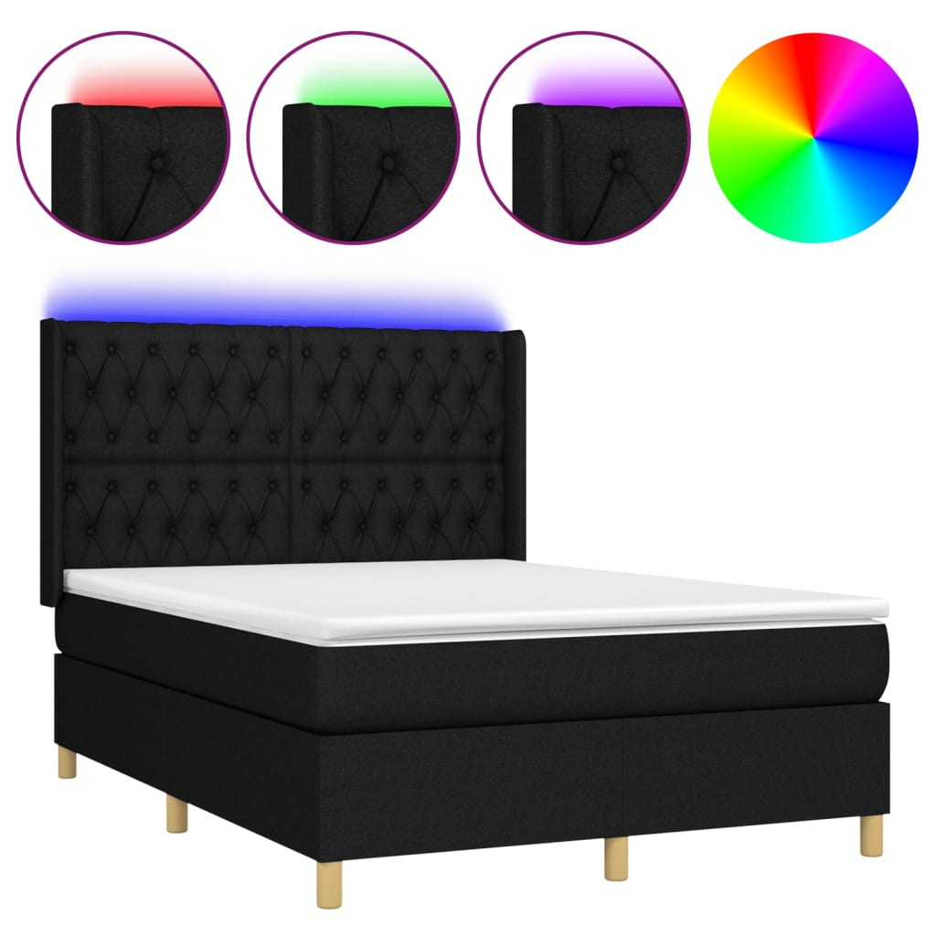 Κρεβάτι Boxspring με Στρώμα & LED Μαύρο 140x190 εκ. Υφασμάτινο