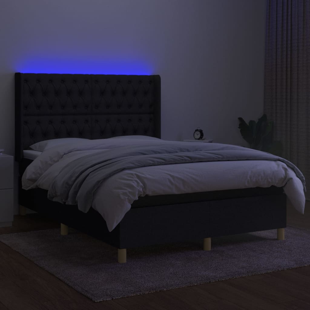 Κρεβάτι Boxspring με Στρώμα & LED Μαύρο 140x190 εκ. Υφασμάτινο