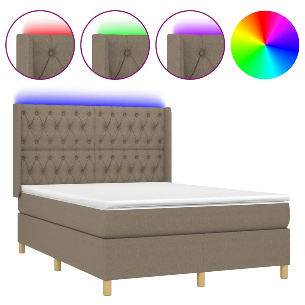 Κρεβάτι Boxspring με Στρώμα & LED Taupe 140x190 εκ. Υφασμάτινο